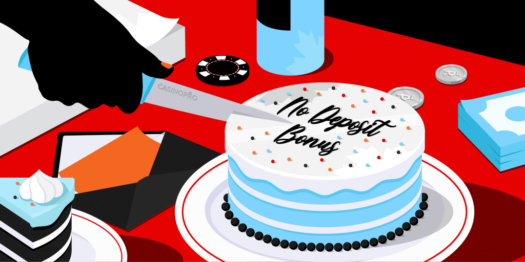Someone cutting a cake reading 'No Deposit Bonus' in icing, with an envelope and casino chips