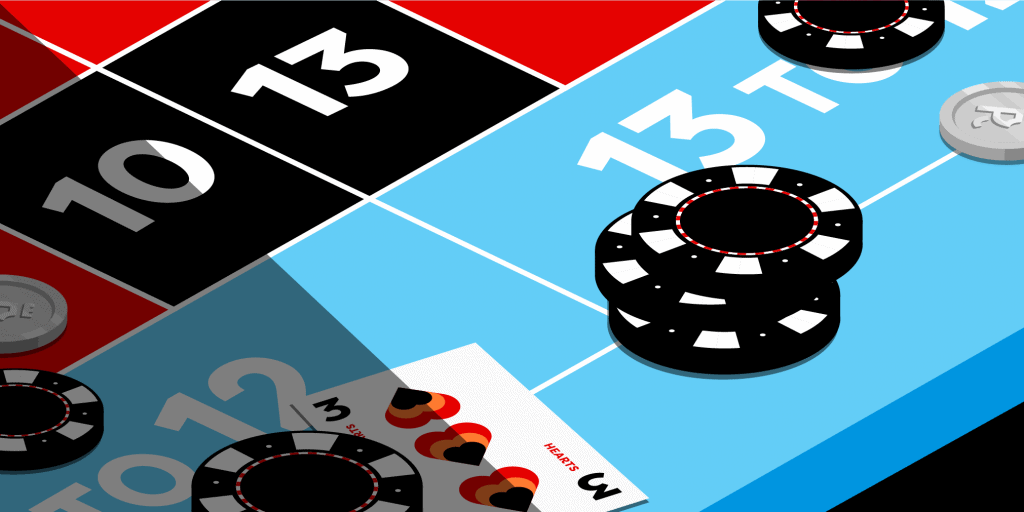A roulette table showing the numbers 10 and 13, with casino chips and playing cards.