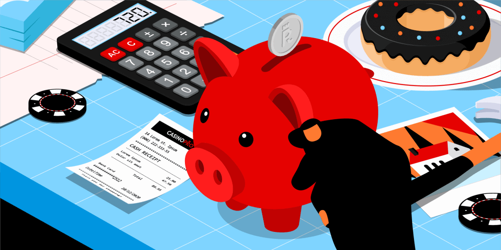 A red piggy bank on a blue table with a Casinopro receipt, a calculator, some casino chips and a donut
