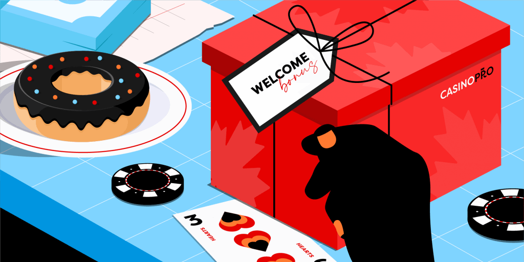 A red present on a blue table with a tag that reads 'Welcome Bonus' with casino chips and playing cards