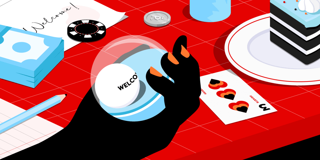 Someone holding an orb with a ball reading 'Welcome Bonus' next to a red table with a cake, casino chips and a playing card