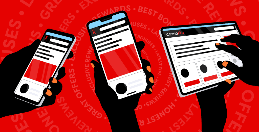 Two mobiles and a tablet browsing the Casinopro website on a red background