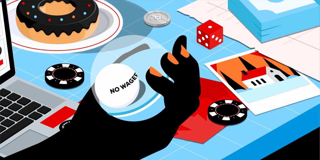 A hand holding a ball reading 'No wagering bonus' in front of a table with dice, casino chips and a donut